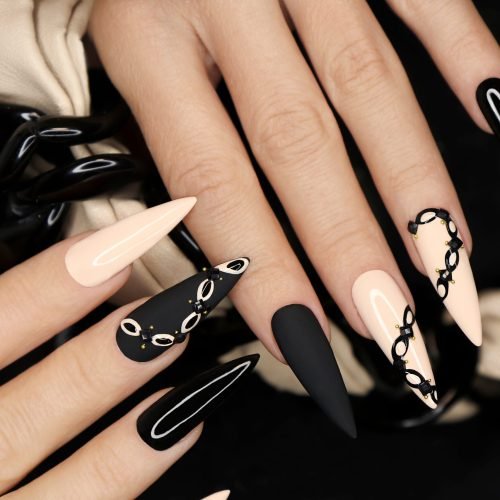 Beige,And,Black,Manicure,On,Long,Nails.